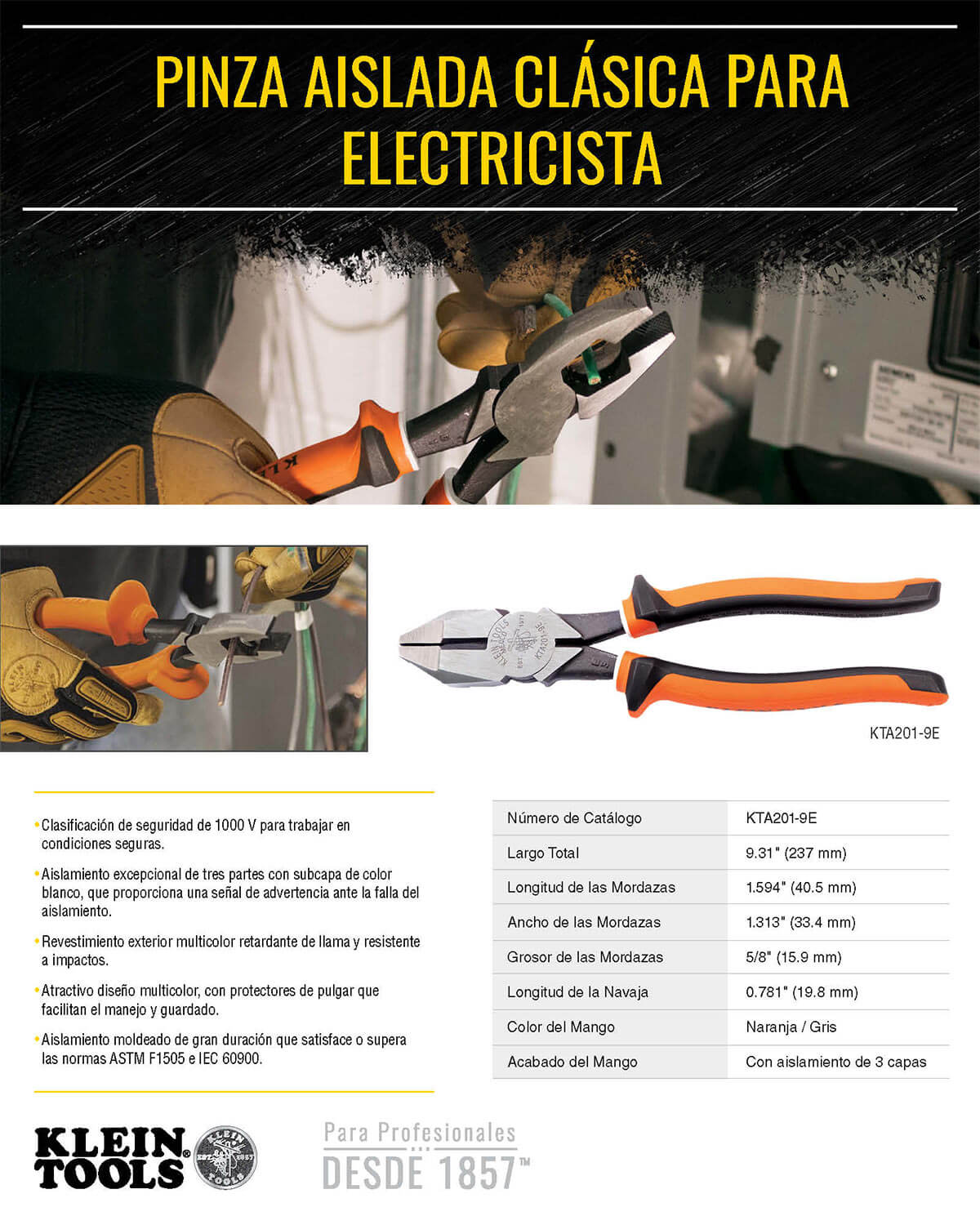 Pinza Aislada Electricista Klein Tools